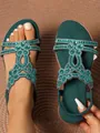Dark green Bohemian flat sandals with rhinestone embellishments and hollow out design - Green