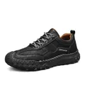 Men's handmade stitched casual leather outdoor shoes in black with thick rubber sole - 38 / Hand-Stitched (9893) / Black