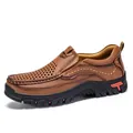 Men's breathable brown leather outdoor walking shoes with perforated upper design - 38 / Yellow Brown Hollow (32399)