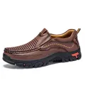 Men's outdoor leather loafers with breathable perforated design and durable rubber sole - Red Brown Hollow (32399)