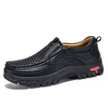 Mens black slip-on leather outdoor hiking shoes with breathable perforated upper - Black Hollow (32399)