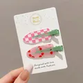 Set of 2 cute pink checkered and cherry print hair clips for girls on display card - 1 Pair (6cm) / Cherry Yogurt