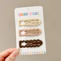 Set of three wavy matte finish BB hair clips for girls in cream, pink, and brown colors - Scalloped Rectangle Style (Earth Tones) / 3 Pieces/Pack (Approx 7cm)