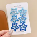 Six-piece set of cute gradient blue star-shaped snap hair clips for girls on a card - Star Pattern / 6-Piece Set / Lake Blue Series