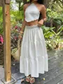 Bohemian white resort wear set with lace-trimmed halter top and tiered maxi skirt for women - S / Top And Bottom / White