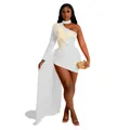 Sexy white one-shoulder mini dress with asymmetrical feather detail and long chiffon train. - S / Tops / White