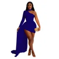 Elegant royal blue one-shoulder mini dress featuring a waist-cinching fit and long train - S / Tops / Royal Blue