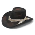 Detailed macro view of vintage Maillard color cowboy hat featuring a distressed fabric band. - M / Black