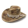 Detailed view of vintage Maillard cowboy hat with distressed texture and beaded band - M / Camel