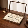 Grande boîte de rangement pour boucles d'oreilles en noyer avec doublure en velours blanc - Version de Rangement Pour Clous d'Oreilles à Étages / 35x24x5cm / Grain de Noyer - Velours Blanc