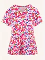 Medizinisches Kasack für Damen mit buntem Herz-Print, V-Ausschnitt, Kurzarm-Uniform - S / Rot