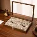 Boîte de rangement pour boucles d'oreilles en noyer avec doublure en velours gris - Version de Rangement Pour Clous d'Oreilles à Étages / 35x24x5cm / Grain de Noyer - Velours Gris