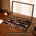 Grande scatola porta orecchini in noce con interno in velluto rosso vino e coperchio - Versione per Archiviazione Orecchini a Bottone a Gradini per Portagioie / 35x24x5cm / Venatura Noce - Velluto Rosso