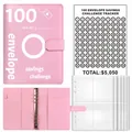 Kit de reliure défi d'économie de 100 enveloppes rose avec carte de suivi et pochettes claires - Kit de défi / 25 pochettes transparentes et 1 feuille / Rose