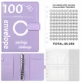 Classeur de budget A5 en cuir PU violet pour le défi d'épargne 100 enveloppes avec suivi - Kit de défi / 25 pochettes transparentes et 1 feuille / Violet