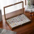 Caja de joyas de madera de nogal con forro de terciopelo gris y tapa de cristal - Versión Específica Para Anillos de 100 Ranuras Para Joyero / 35x24x5cm / Grano de Nogal - Terciopelo Gris