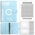 Classeur de défi 100 enveloppes en similicuir bleu avec tracker et feuillets - Kit de défi / 25 pochettes transparentes et 1 feuille / Bleu