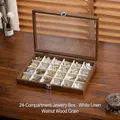 Joyero de 24 compartimentos en nogal con tapa de cristal y forro de terciopelo blanco - Versión Particionada de 24 Rejillas Para Joyero / 34.7x24x5.3cm / Grano de Nogal - Terciopelo Blanco