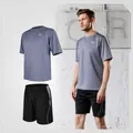 Men's loose sports set including gray short sleeve t-shirt and black shorts. - S / Loose Style 3-Piece Set (Top And Bottom) / Gray