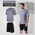 Men's loose sports set including gray short sleeve t-shirt and black shorts. - S / Loose Style 3-Piece Set (Top And Bottom) / Gray