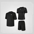Set fitness nero da uomo in 3 pezzi con maglia a compressione e pantaloncini sport - Taglia S / Set da 3 Pezzi Doppia Manica Corta (Sopra e Sotto) / Nero