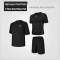 Professional men's 3-piece black fitness running set including compression shirts - S / Double Short Sleeve 3-Piece Set (Top And Bottom) / Black