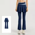 High-waisted flared yoga skort leggings with patchwork waist in deep whale blue finish - S / Bottoms / Whale Blue