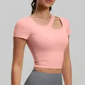Pink asymmetrical neck yoga short sleeve top with built-in pads for high impact fitness - S / Tops / Barbie Pink