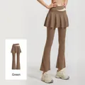 High-waist elastic yoga flare pants with skirt overlay in stylish cocoa brown color - S / Bottoms / Cocoa