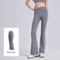 High-waisted striped flare yoga pants in Sea Rock Grey with a naked feel fabric - S / Bottoms / Sea Rock Grey