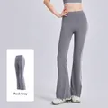 High-waisted striped flare yoga pants in Sea Rock Grey with a naked feel fabric - S / Bottoms / Sea Rock Grey