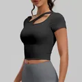Professional black yoga crop top with asymmetrical cutout neckline and built-in chest pads - S / Tops / Starry Black