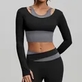 Haut de yoga noir à manches longues pour femmes, effet deux-pièces avec brassière grise - Noir Étoilé (JYMC024+JYMK002+JYMK015n)