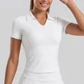Slim fit white athletic polo short sleeve yoga shirt for women functional sportswear - S / Tops / White