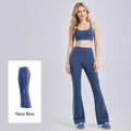Premium high-waisted striped flared yoga pants for fitness in elegant whale blue color - S / Bottoms / Whale Blue