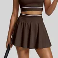 High-waisted brown pleated tennis skirt with double waistband for athletic sports - S / Bottoms / Distilled Coffee