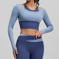 Ensemble de yoga bleu deux pièces avec haut court à manches longues et leggings - Bleu Lac Gris (JYMC024+JYMK002+JYMK015n)