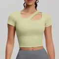 Light green slim fit yoga short sleeve top featuring asymmetric cut-out neckline and pads - Cardamom Green