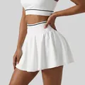 Women's white tennis skirt with double waistband and black stripe details - S / Bottoms / White