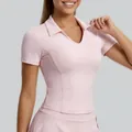 Women's slim fit short-sleeved pink polo yoga shirt with V-neck athletic design - S / Tops / Mist Pink