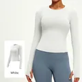 White slim-fit high-elastic long-sleeved yoga top with thumb holes for running - M / Tops / White