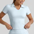 Slim fit light blue short sleeve sports polo shirt for yoga and fitness training - S / Tops / Ice Melt Blue