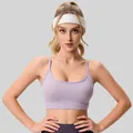 Light lavender sports bra featuring thin straps and scoop neckline for yoga and fitness. - S / Tops / Purple