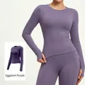 Women's slim fit long-sleeve yoga top with thumbholes in eggplant purple finish - S / Tops / Eggplant Purple
