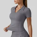Slim fit grey women's polo yoga t-shirt with short sleeves and high stretch fabric - Sea Rock Grey
