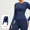 Professional slim fit whale blue long sleeve yoga top with thumb holes for women fitness - Whale Blue