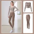 Breathable two-piece yoga workout set in khaki and cocoa featuring long sleeves and thumbholes - S / Top And Bottom / Khaki + Cocoa