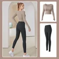 Women's yoga set featuring khaki long sleeve top and black leggings - S / Top And Bottom / Khaki + Starry Black