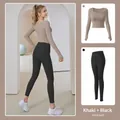 Conjunto de yoga para mujer con top caqui de manga larga y mallas negras - S / Top Y Pantalón / Caqui + Negro Estrellado
