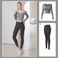 Two-piece yoga suit with grey long-sleeve crop top and black high-waisted leggings - S / Top And Bottom / Sea Rock Gray + Starry Black